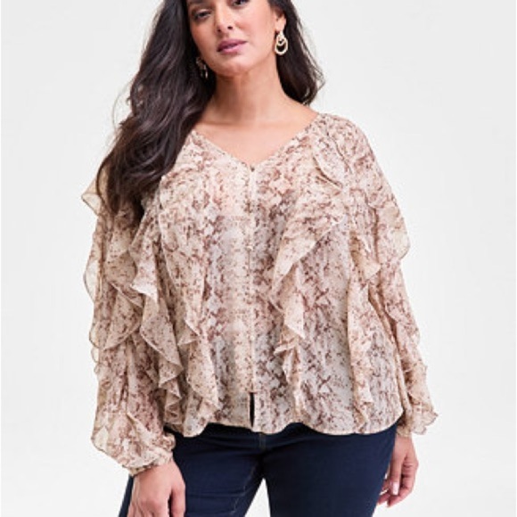 INC International Concepts Tops - I.N.C. International Concepts | Printed Ruffle V-Neck Long Sleeve Blouse NWT